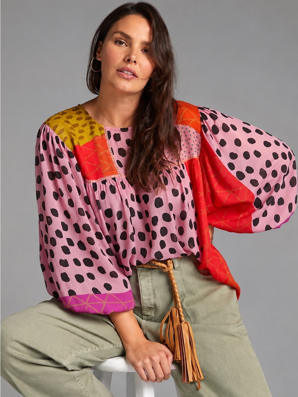 Bl^nk London Pink Miranda Patchwork Mixed Print Boho Long Sleeve Blouse Size XL
